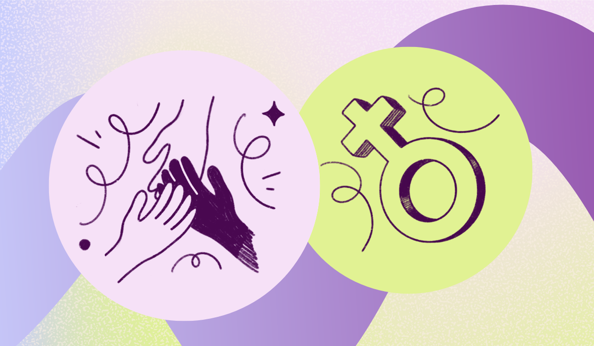 Graphic featuring hands coming together and the female symbol.