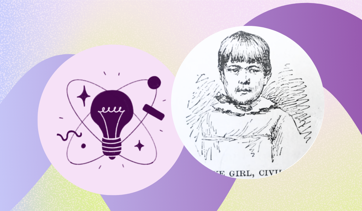 Graphic featuring a drawing of a young Indigenous girl from an old textbook and a lightbulb icon.
