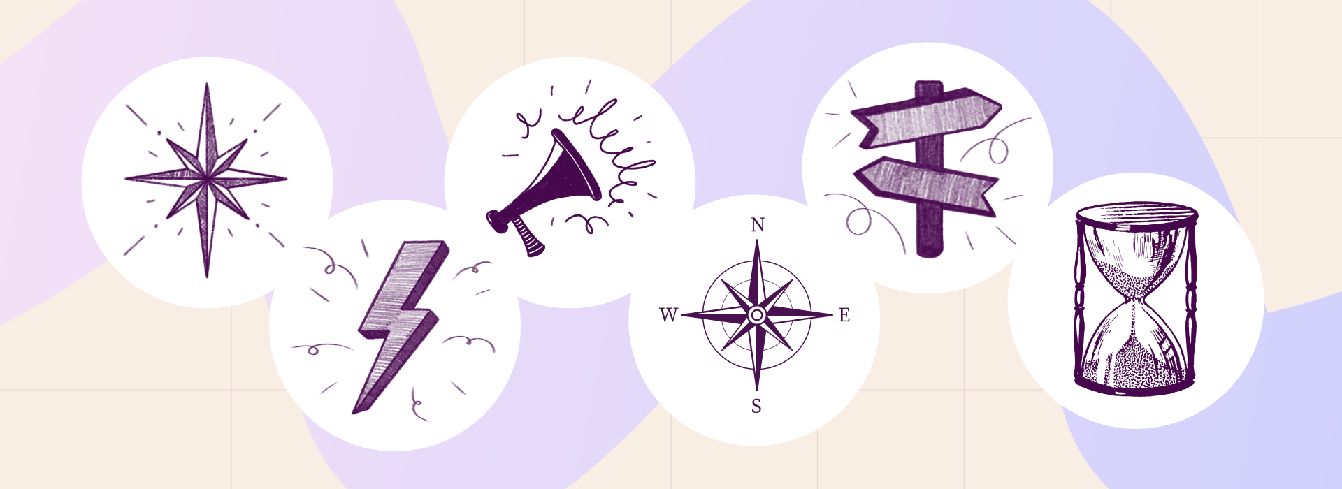 Five icons depicting a star, lightening, a loudspeaker, signposts, and an hourglass.