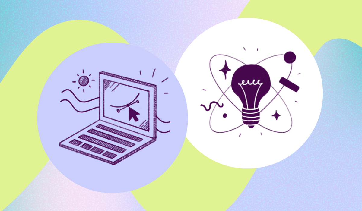Two icons of a laptop and a lightbulb in circular bubbles upon a lilac and lime green geometric design.