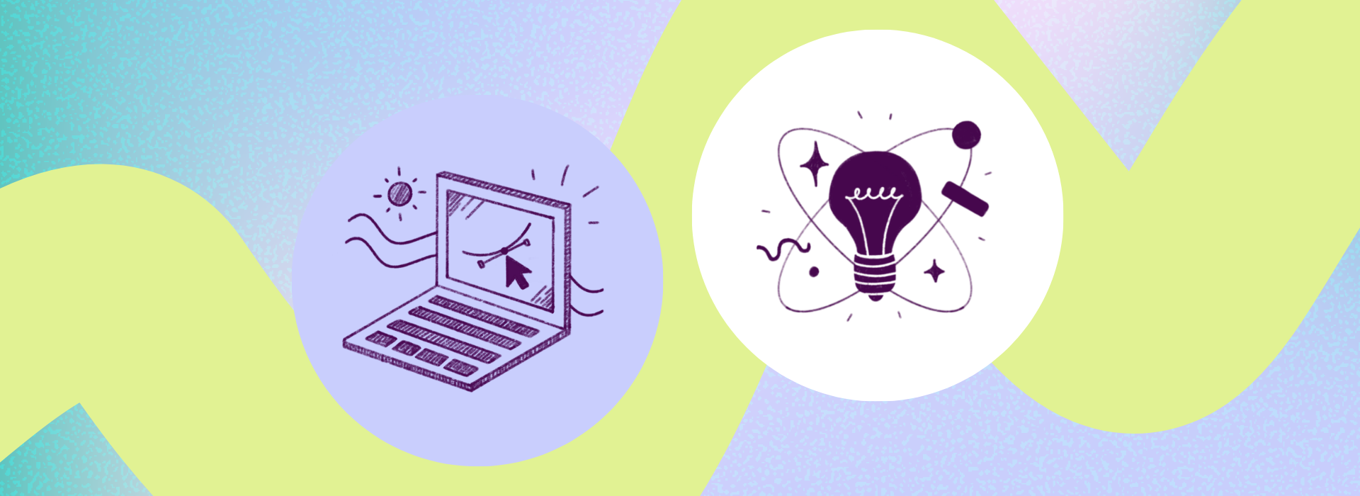 Two icons of a laptop and a lightbulb in circular bubbles upon a lilac and lime green geometric design.