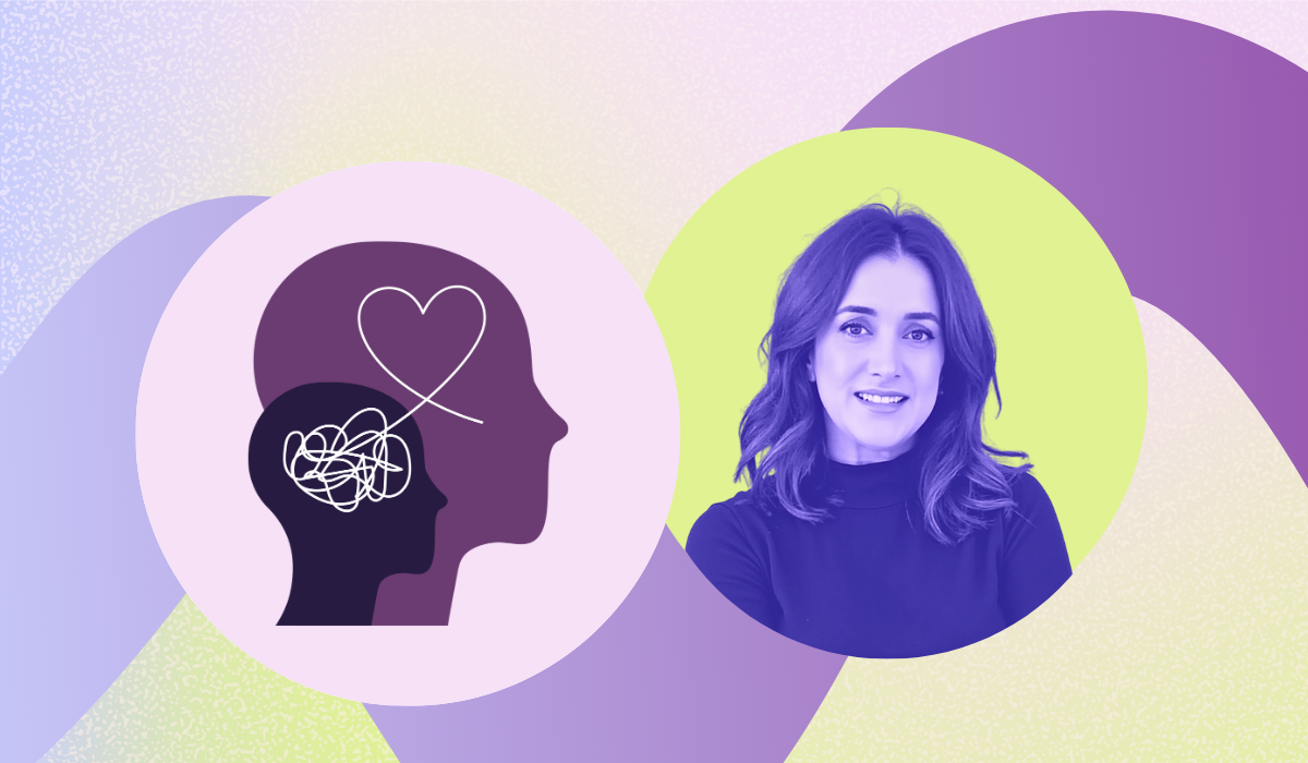 An icon of the profile of a woman, signifying mental health, alongside a headshot of Goli Nili, COO of Comotion, within a graphic design of overlapping shapes in purple and green.